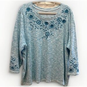 Woman Within Sweatshirt Floral Embroidered Teal Marled 30/32